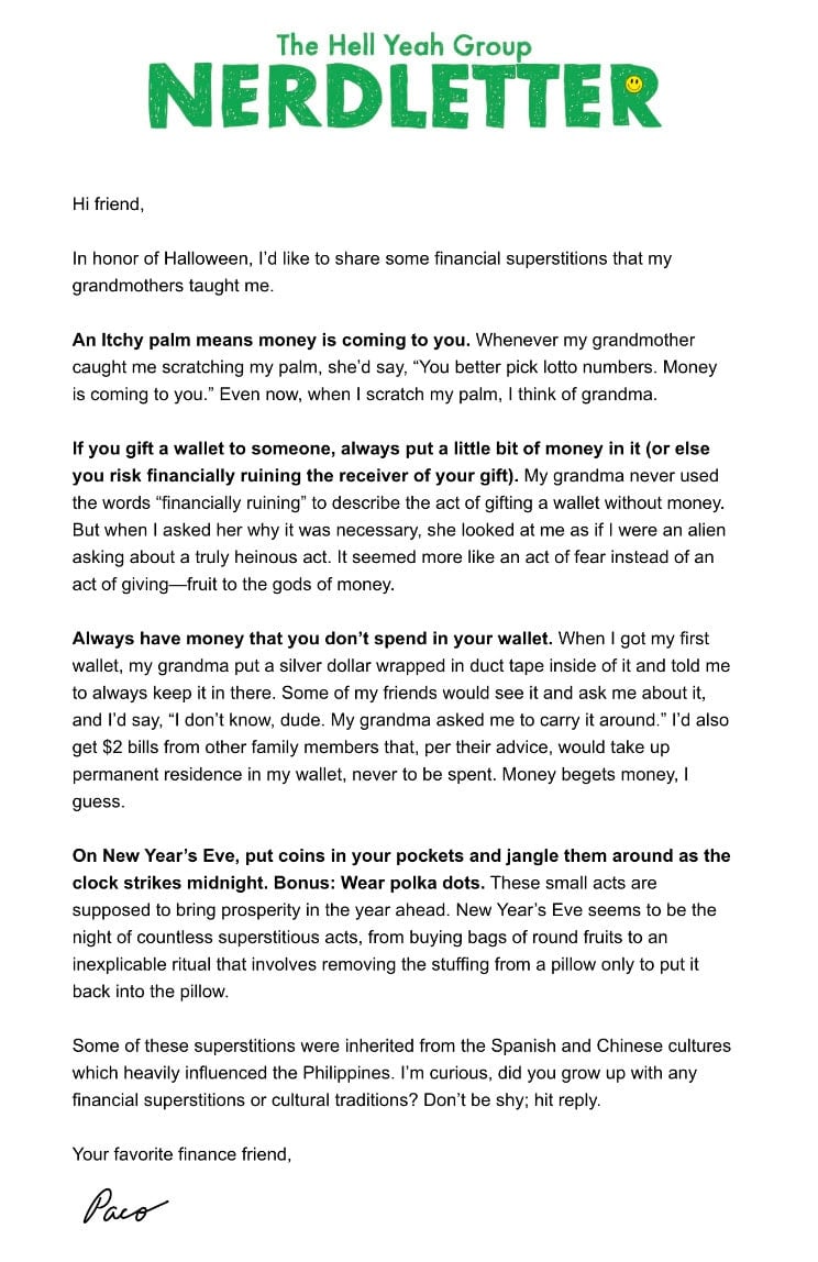 A newsletter titled "NERDLETTER" shares financial superstitions, such as itchy palms and gifts of wallets, highlighting family traditions around money and finances.