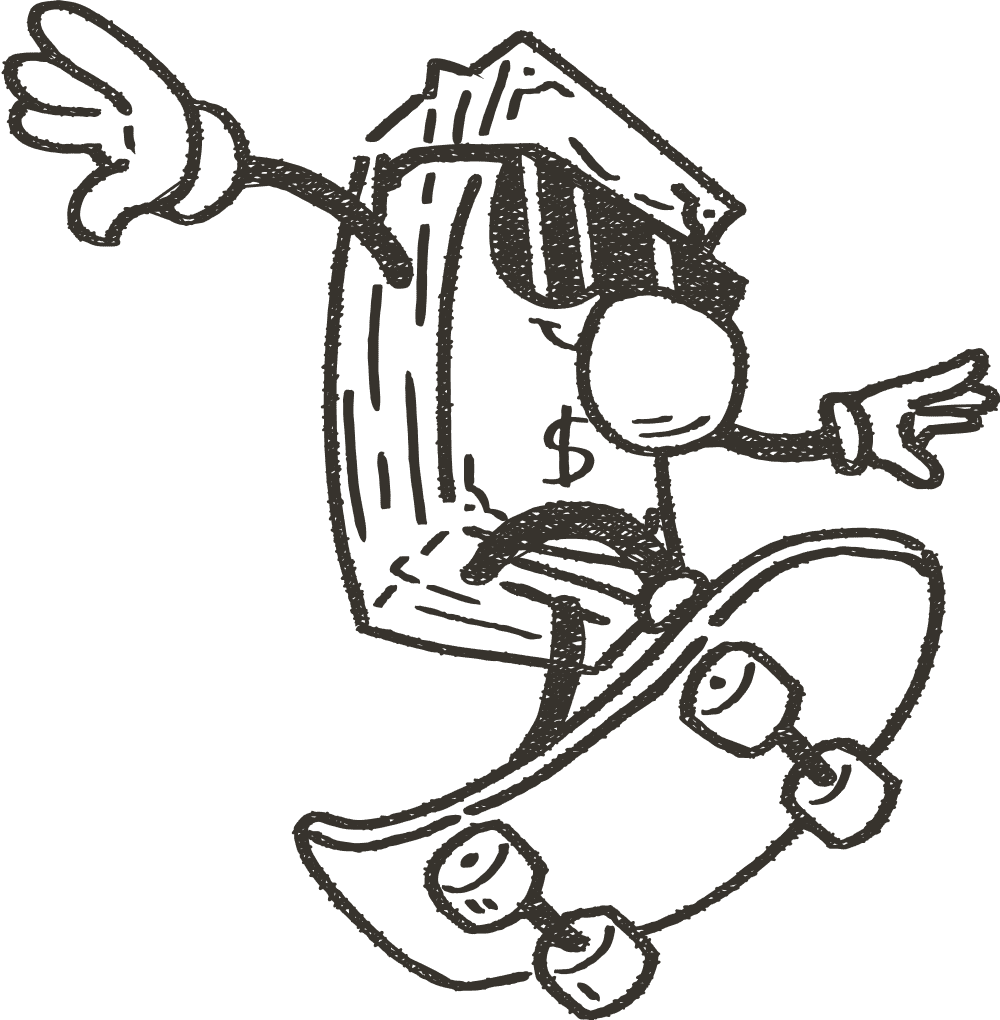 Cartoon stack of money wearing sunglasses and gloves, riding a skateboard in mid-air while making a gesture with one hand.