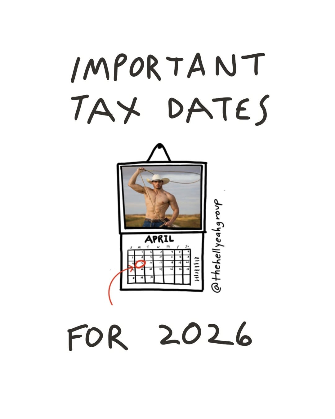 A calendar for April 2026 with a date circled in red, featuring a photo of a shirtless man in a cowboy hat, and the text "Important Tax Dates for 2026.