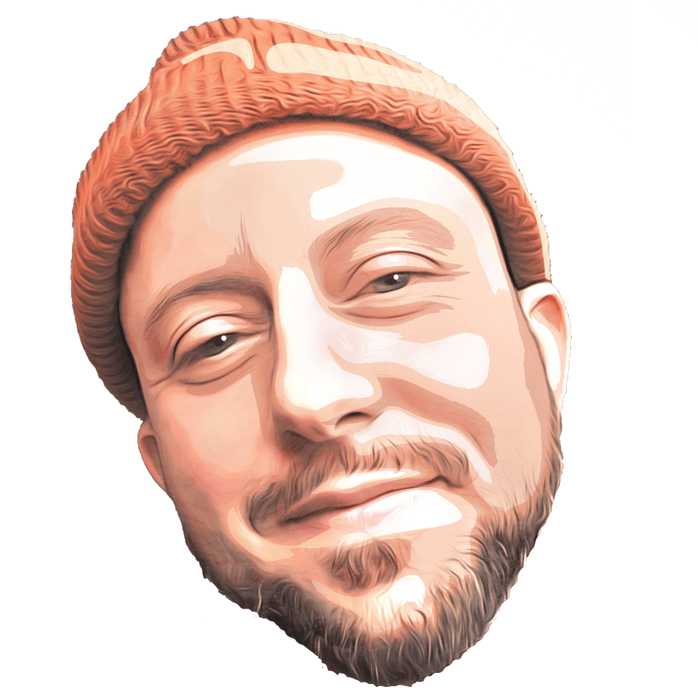 Illustrated portrait of a smiling man with a beard wearing an orange knit hat, set against a plain white background.