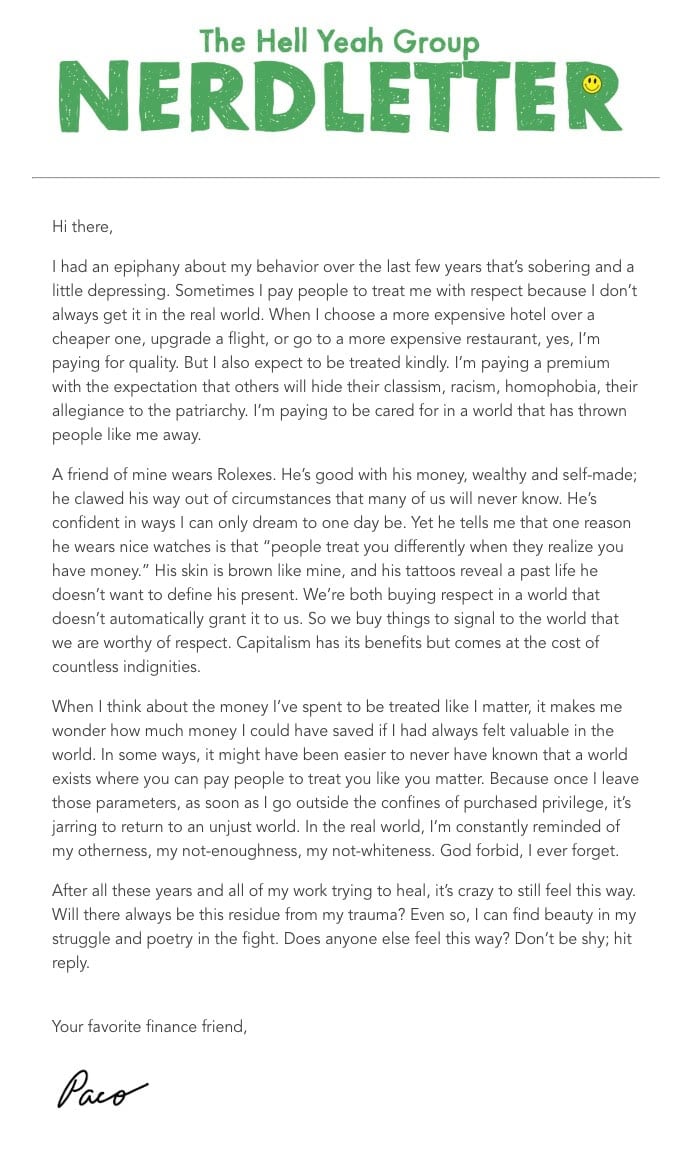 A newsletter titled "NERDLETTER" with a letter from Paco discussing self-worth, expectations, and expressing affection, ending with encouragement to share kind words.