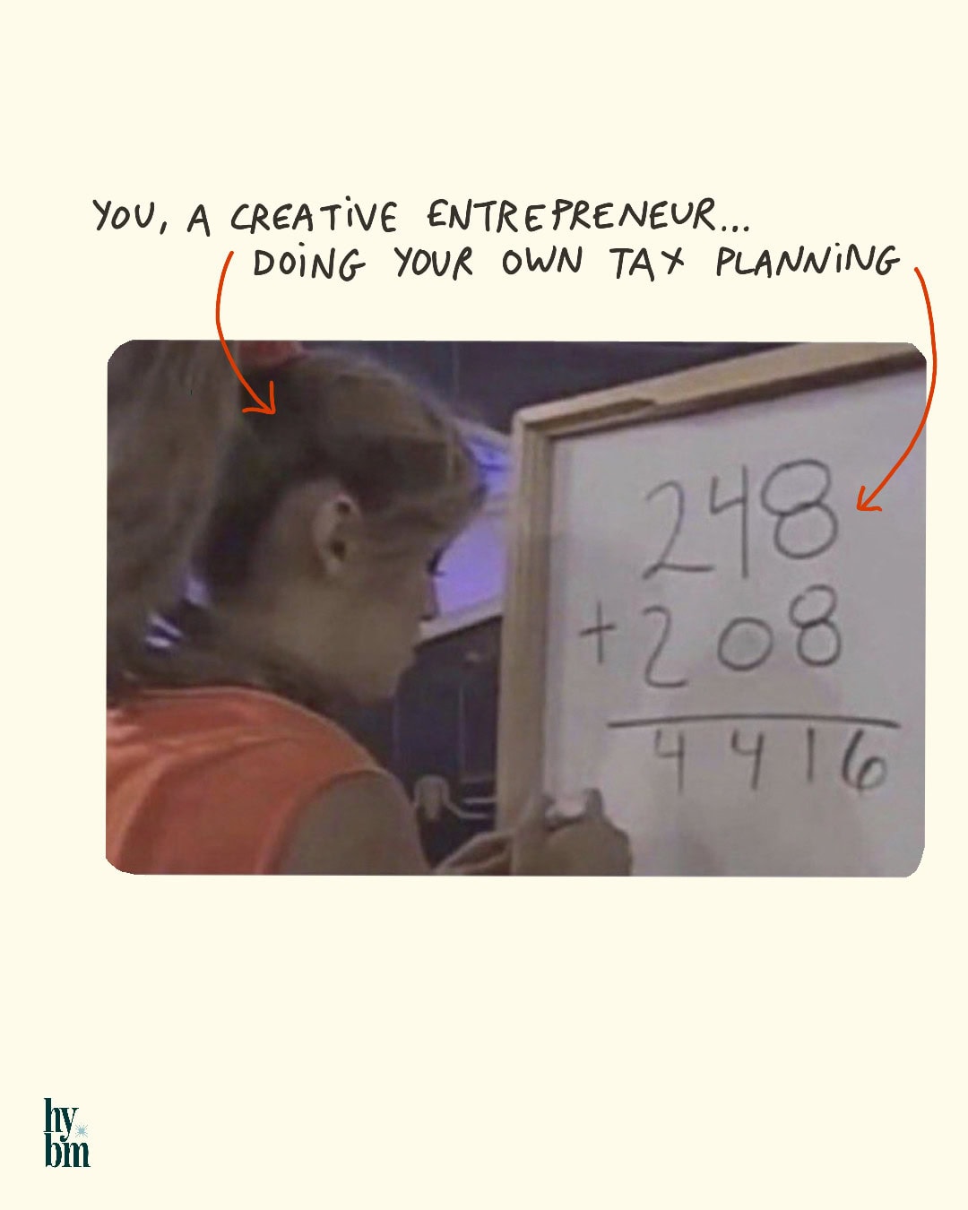 A person writes incorrect math on a whiteboard labeled "248 + 208 = 4416," with text comparing this to entrepreneurs handling their own year-end tax planning.
