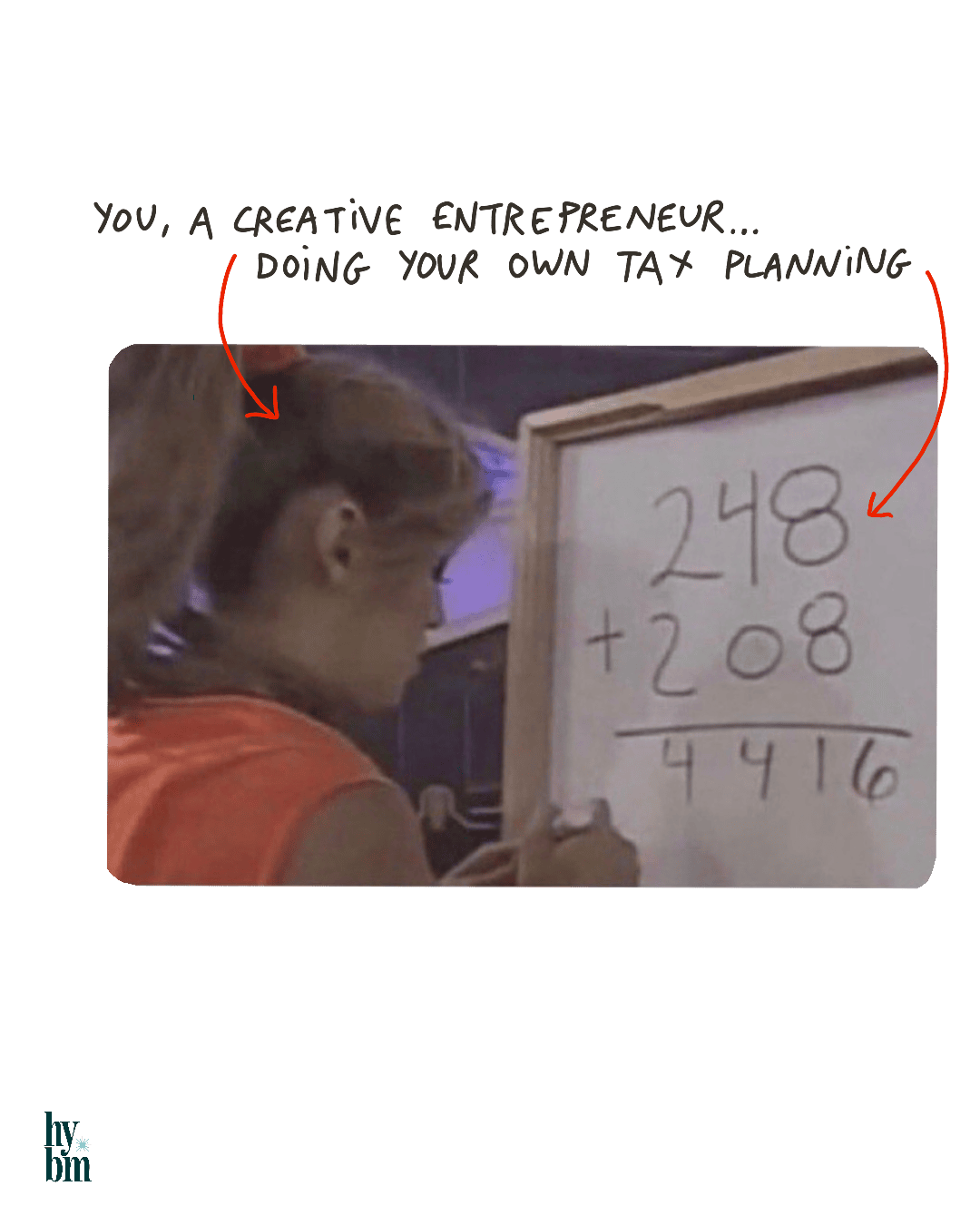 A person writes incorrect math on a whiteboard, with the caption "You, a creative entrepreneur... doing your own year-end tax planning.