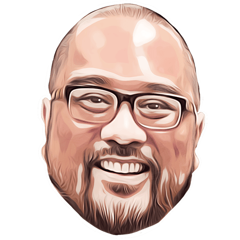 Illustration of a smiling man with a bald head, glasses, a mustache, and a beard.
