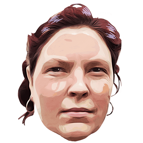 Illustrated portrait of a person with light skin, reddish-brown hair, and wearing hoop earrings, looking straight ahead with a neutral expression.