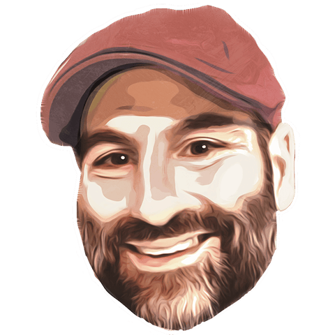 Digital illustration of a bearded man with a broad smile, wearing a red cap.