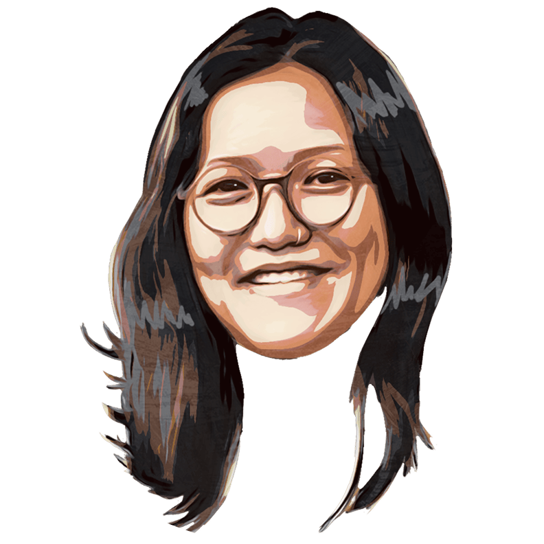 Illustration of a person with long dark hair, glasses, and a smiling expression, shown against a plain background.