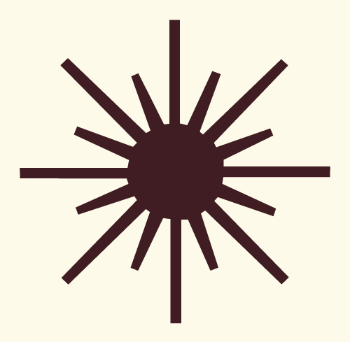 A dark brown radial sunburst design with thick lines on a light beige background.
